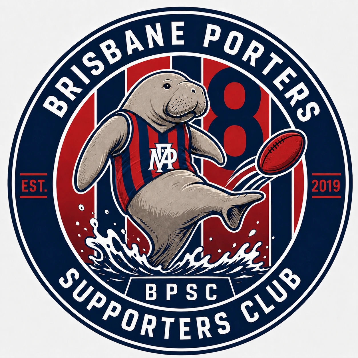 Brisbane Porters Supporters Club crest featuring a dugong kicking a football